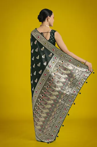 dark green banarasi satin silk blend zari weaving saree