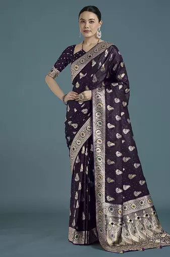 purple wear banarasi satin silk zari weaving saree