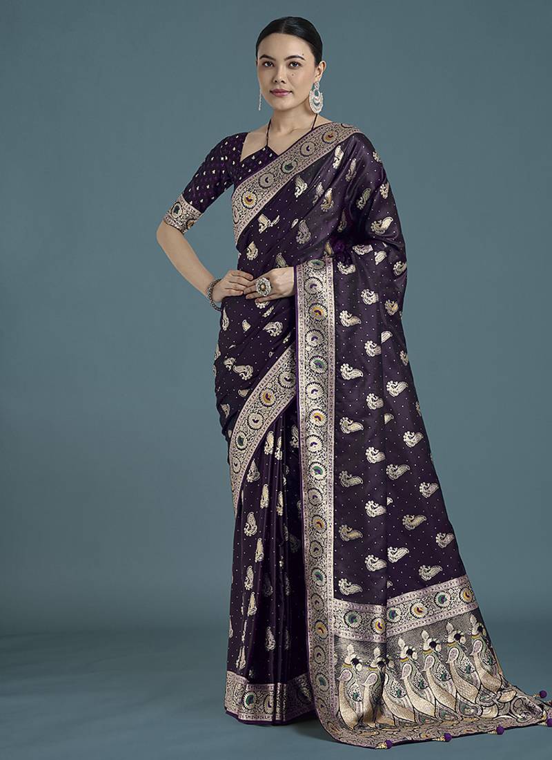 purple wear banarasi satin silk zari weaving saree