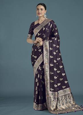 purple banarasi satin silk blend zari weaving saree 2