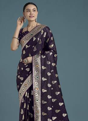 purple banarasi satin silk blend zari weaving saree 3