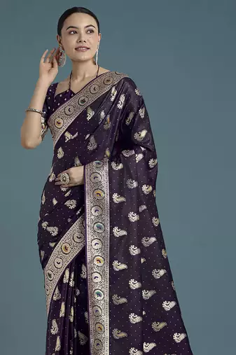 purple banarasi satin silk blend zari weaving saree