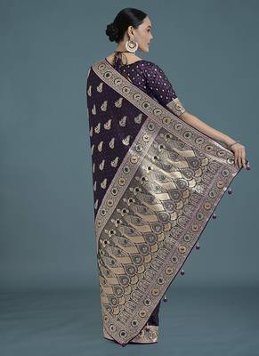 purple banarasi satin silk blend zari weaving saree 4