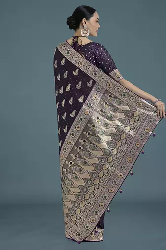 purple banarasi satin silk blend zari weaving saree