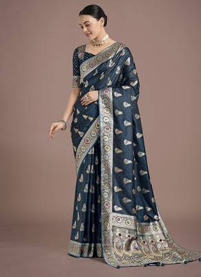 teal banarasi satin silk blend zari weaving saree 1