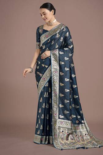 teal wear banarasi satin silk zari weaving saree