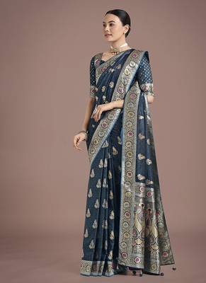 teal banarasi satin silk blend zari weaving saree 2