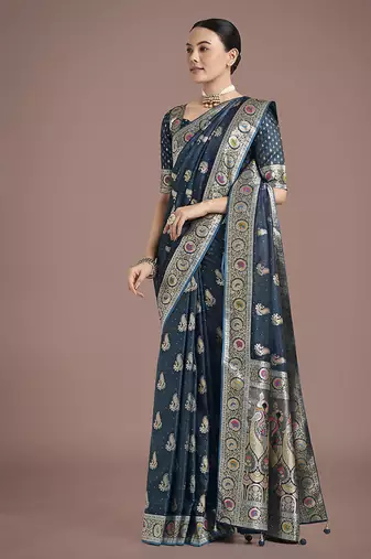 teal banarasi satin silk blend zari weaving saree