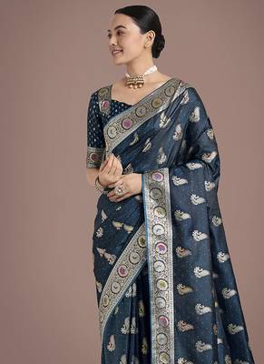 teal banarasi satin silk blend zari weaving saree 3