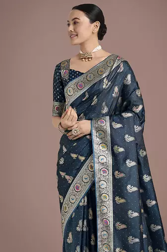 teal banarasi satin silk blend zari weaving saree