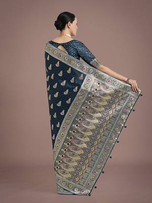 teal banarasi satin silk blend zari weaving saree 4