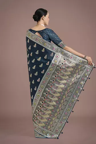 teal banarasi satin silk blend zari weaving saree