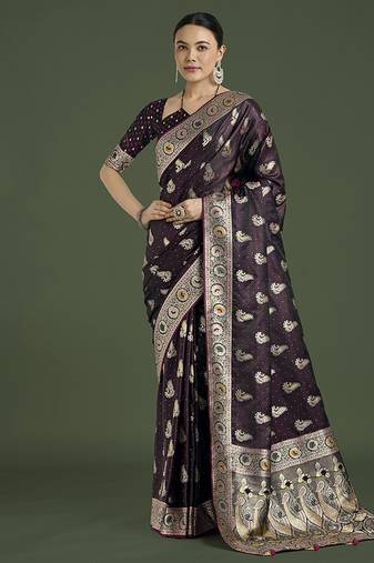 wine wear banarasi satin silk zari weaving saree