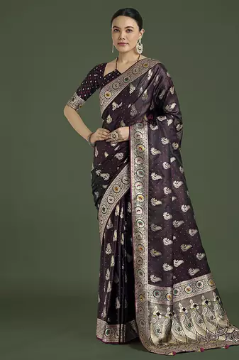 wine wear banarasi satin silk zari weaving saree