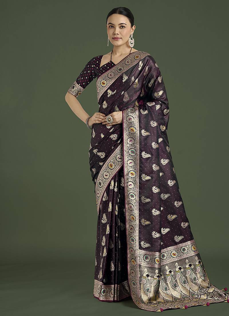 wine wear banarasi satin silk zari weaving saree