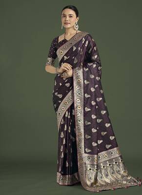 wine banarasi satin silk blend zari weaving saree 2