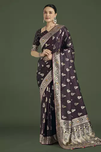 wine banarasi satin silk blend zari weaving saree