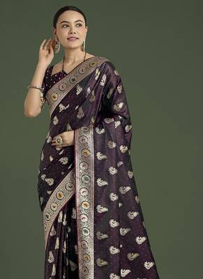 wine banarasi satin silk blend zari weaving saree 3