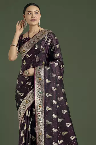 wine banarasi satin silk blend zari weaving saree