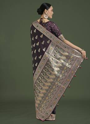 wine banarasi satin silk blend zari weaving saree 4