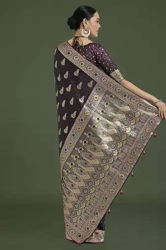 wine banarasi satin silk blend zari weaving saree