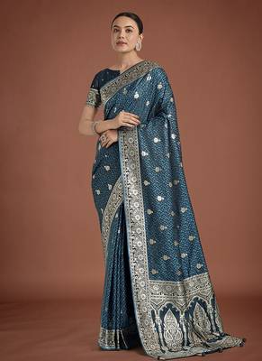dark teal banarasi satin silk blend saree with zari weaving work 1