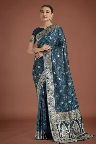  dark teal banarasi satin silk saree with intricate zari weaving pattern
