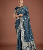 dark teal banarasi satin silk saree with zari weaving work