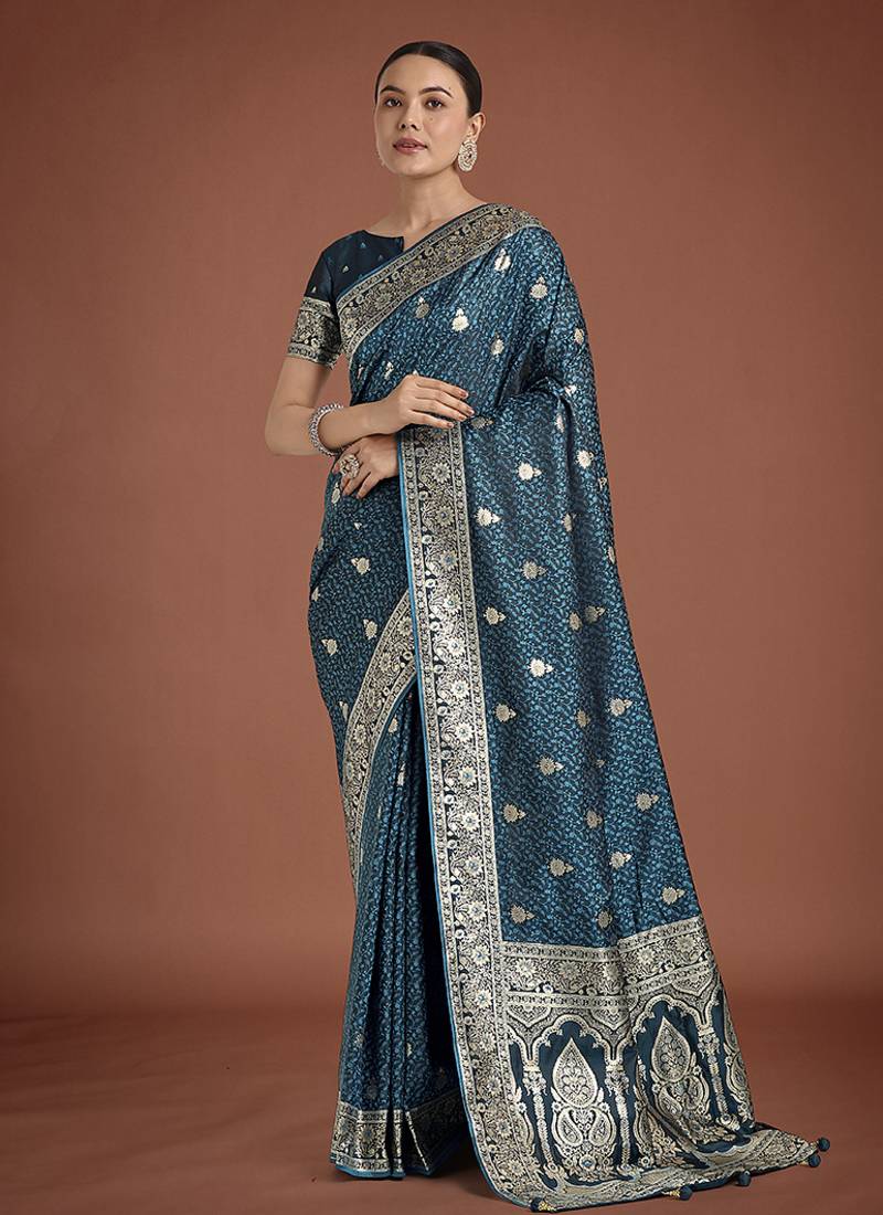  dark teal banarasi satin silk saree with intricate zari weaving pattern