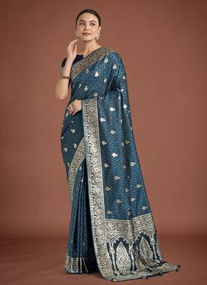dark teal banarasi satin silk blend saree with zari weaving work 2