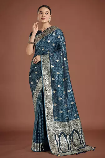 dark teal banarasi satin silk blend saree with zari weaving work
