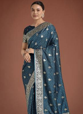 dark teal banarasi satin silk blend saree with zari weaving work 3