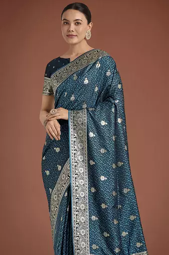 dark teal banarasi satin silk blend saree with zari weaving work