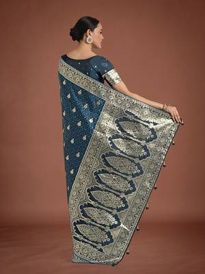 dark teal banarasi satin silk blend saree with zari weaving work 4