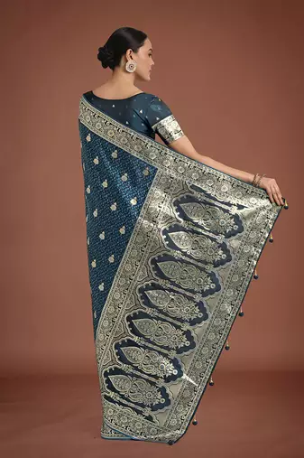 dark teal banarasi satin silk blend saree with zari weaving work