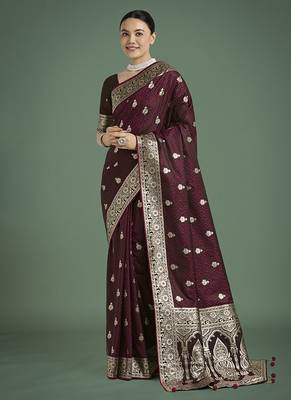 maroon banarasi satin silk blend saree with zari weaving work 1