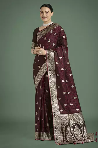 maroon banarasi satin silk saree with intricate zari weaving pattern