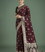 maroon banarasi satin silk saree with intricate zari weaving pattern