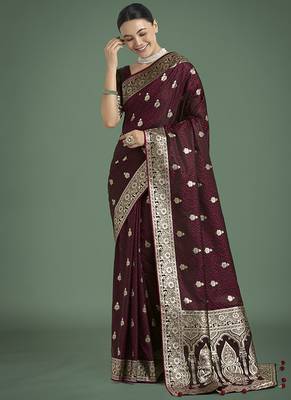 maroon banarasi satin silk blend saree with zari weaving work 2