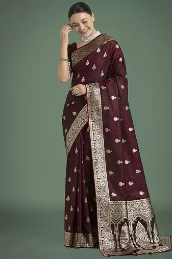 maroon banarasi satin silk blend saree with zari weaving work