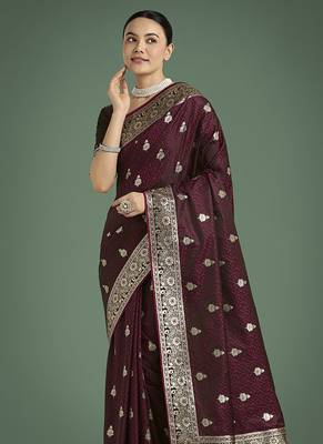 maroon banarasi satin silk blend saree with zari weaving work 3
