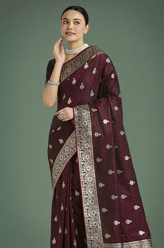 maroon banarasi satin silk blend saree with zari weaving work