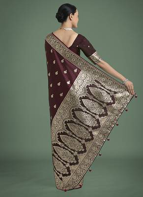 maroon banarasi satin silk blend saree with zari weaving work 4