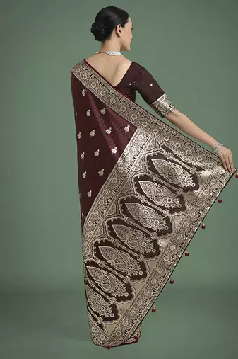 maroon banarasi satin silk blend saree with zari weaving work