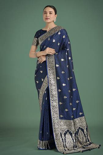 blue banarasi satin silk saree with intricate zari weaving pattern
