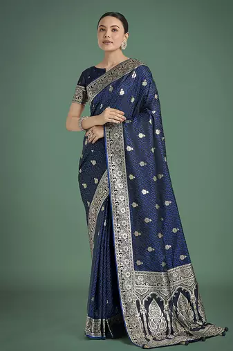 blue banarasi satin silk saree with intricate zari weaving pattern
