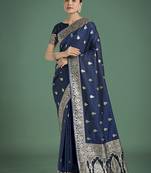blue banarasi satin silk saree with intricate zari weaving pattern