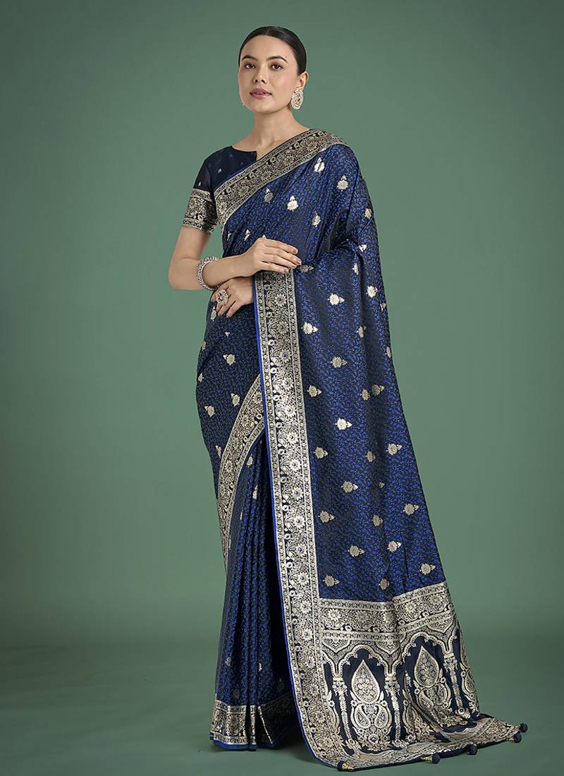 blue banarasi satin silk saree with intricate zari weaving pattern