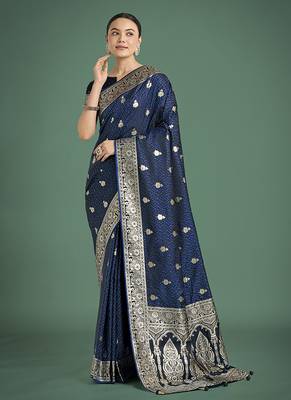 blue banarasi satin silk blend saree with zari weaving work 2