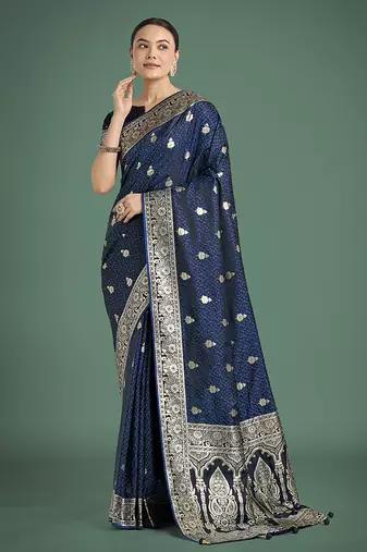 blue banarasi satin silk blend saree with zari weaving work